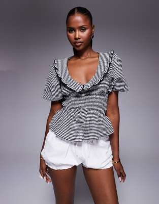 River Island Puff Sleeve Gingham Shirred Top In Multi