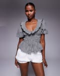 [River Island] River Island puff sleeve gingham shirred top in black 8 BLACK