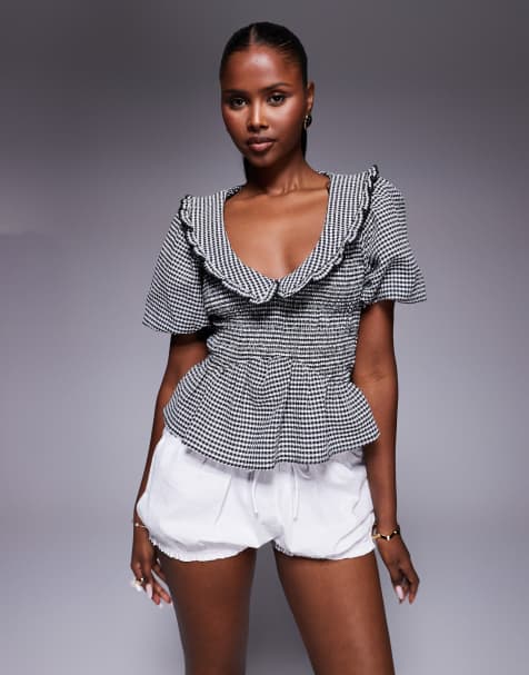 River Island puff sleeve gingham shirred top in black 