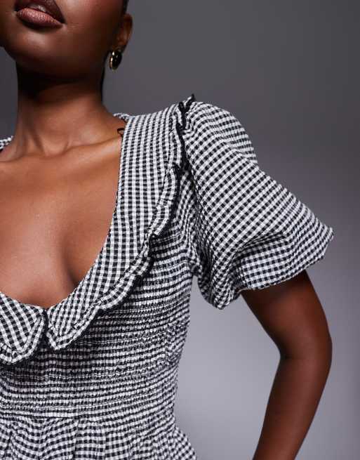 River Island puff sleeve gingham shirred top in black , 4 of 4