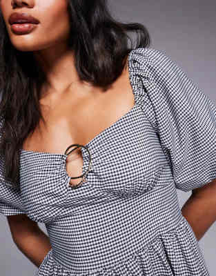 RIVER ISLAND PUFF SLEEVE GINGHAM TRIM DETAIL MIDI DRESS 