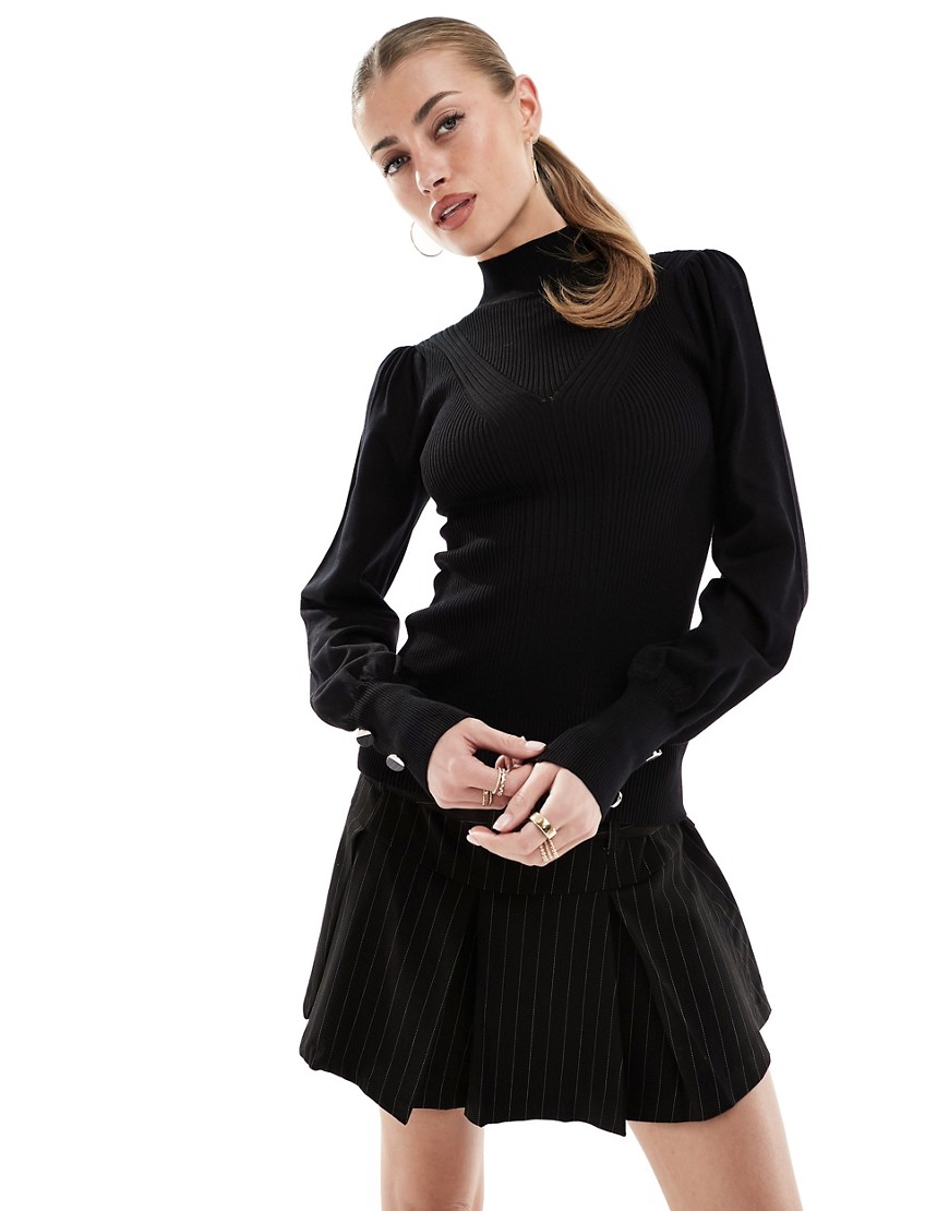 River Island puff sleeve knit top with button detail in black