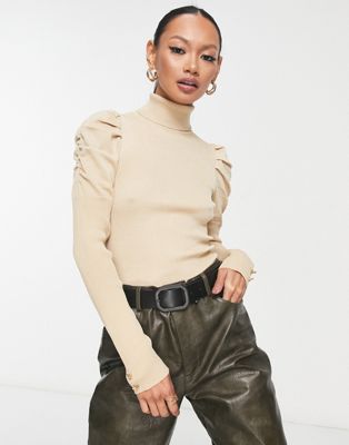River Island puff sleeve knitted top in beige