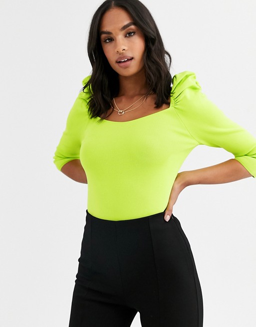 River Island puff sleeve knitted top in lime | ASOS