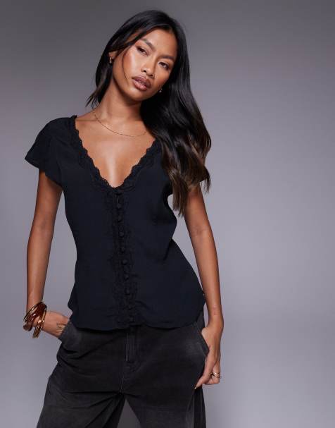 River Island puff sleeve lace trim top in black - view 1