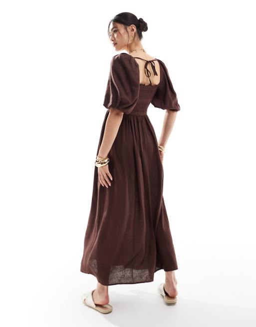chinese dress ladies Puff Sleeve Linen Dress Vilnius in Pastel Brown