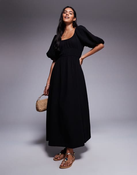 River Island puff sleeve linen-look midi dress in black - view 1