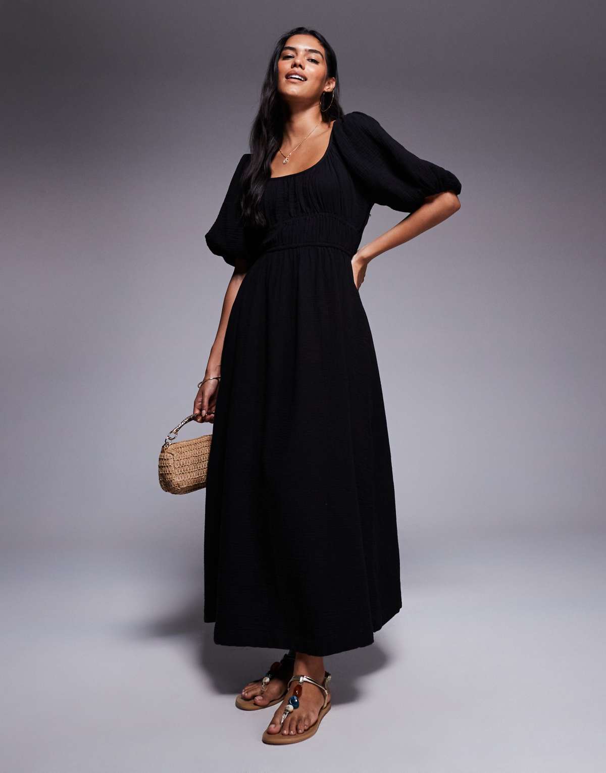 River Island puff sleeve linen look midi dress in black