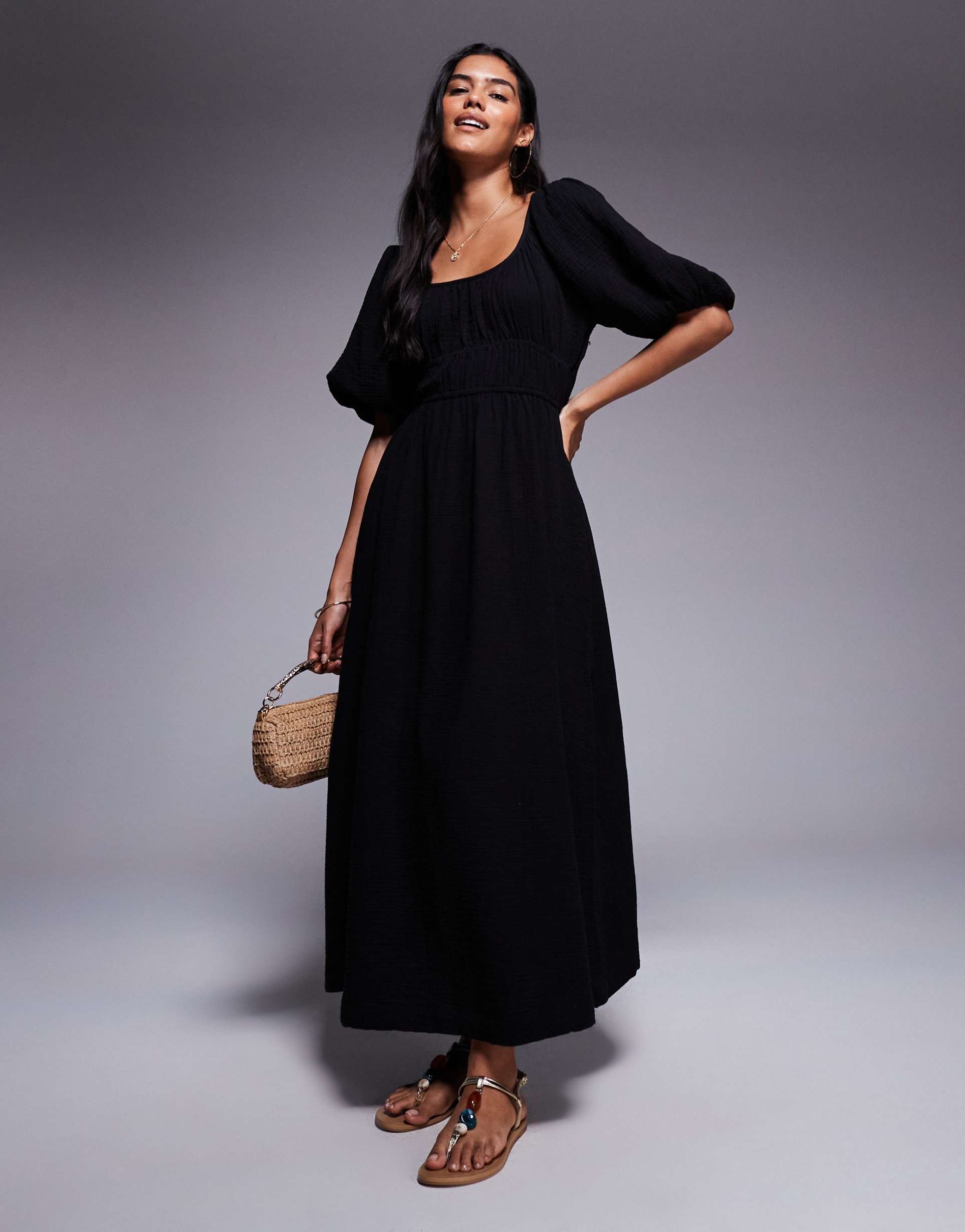 river island puff sleeve linen look midi dress in black