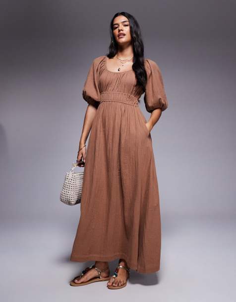 River Island puff sleeve linen look midi dress in stone - view 1