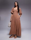 [River Island] River Island puff sleeve linen look midi dress in stone-Neutral 16 STONE - DARK