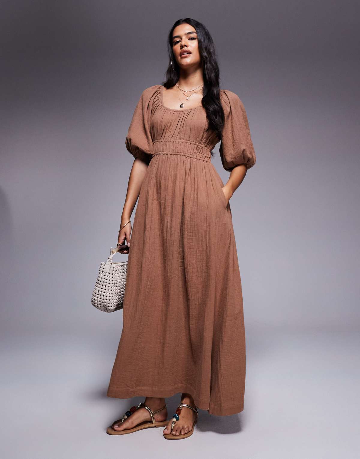 River Island puff sleeve linen look midi dress in stone