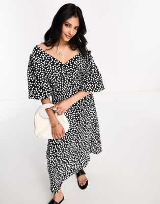 Mango v neck puff sleeve polka dot midi dress in white