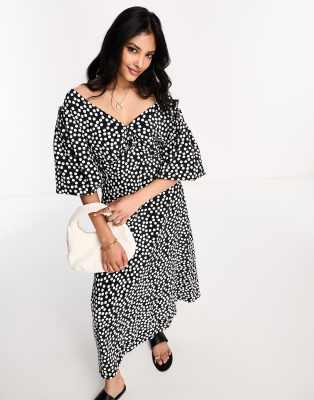 River Island puff sleeve midi dress in black polka dot - view 1