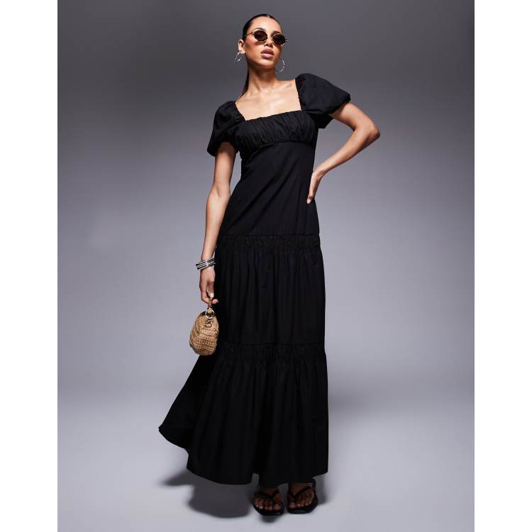 River Island puff sleeve milkmaid midi dress in black | ASOS
