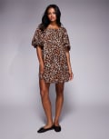 [River Island] River Island puff sleeve mini dress in leopard-Brown 14 BROWN