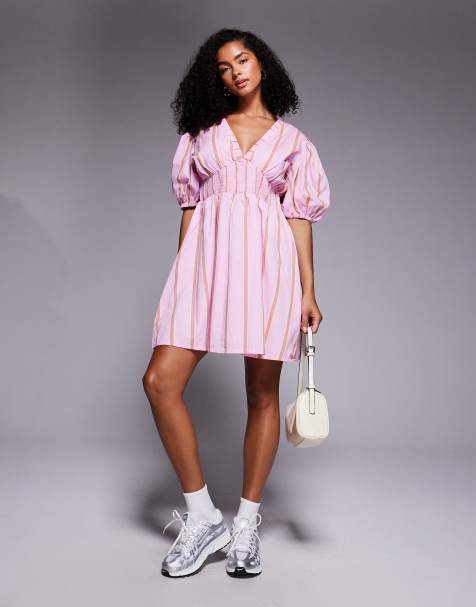 River Island puff sleeve mini dress in pink stripe - view 1