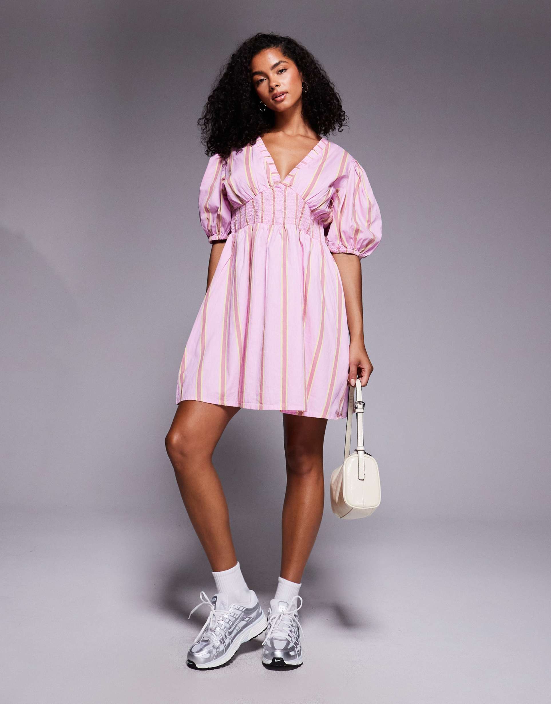 river island puff sleeve mini dress in pink stripe