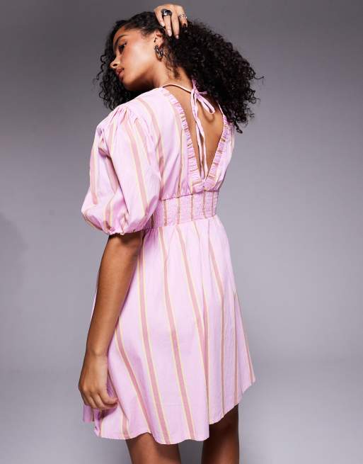 River Island puff sleeve mini dress in pink stripe