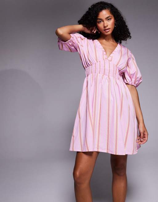 River Island puff sleeve mini dress in pink stripe