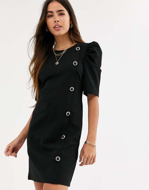 River Island puff sleeve mini dress with button detail in black | ASOS