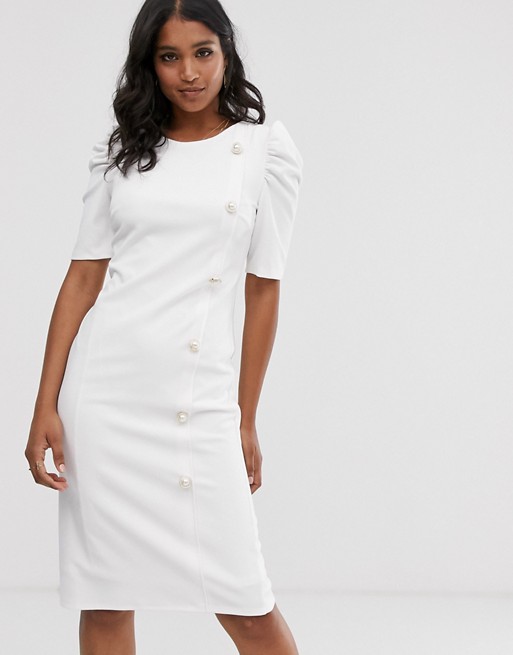 River Island puff sleeve mini dress with button detail in white