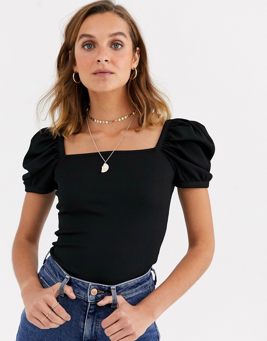 River Island puff sleeve ribbed t-shirt in black