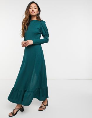 River Island puff sleeve satin midi dress in dark green - ASOS Price Checker