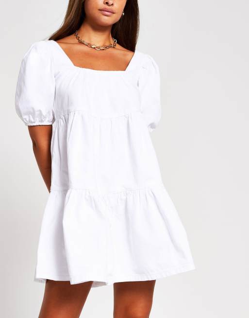 River Island puff sleeve smock tiered mini dress in white  ASOS