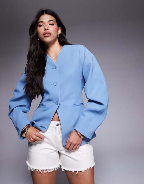 River Island puff sleeve tailored blazer in light blue - view 1