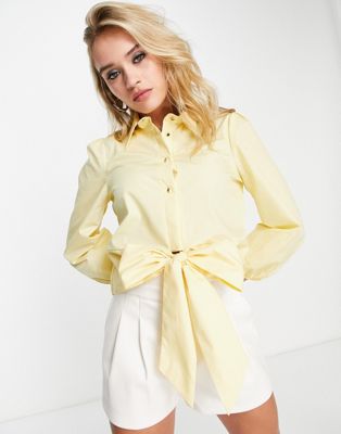 River Island puff sleeve tie front shirt in light yellow
