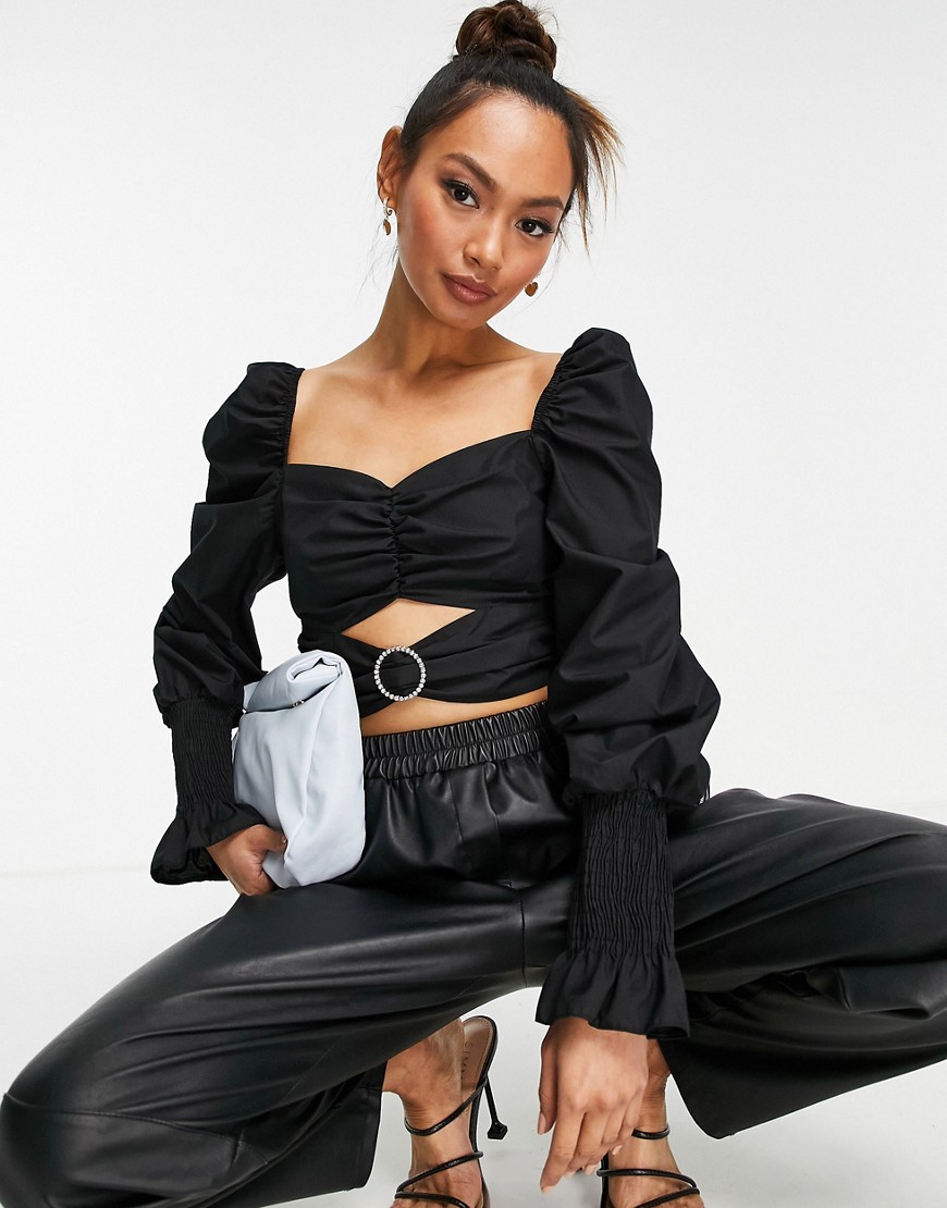 River Island puff sleeved cut out crop top in black