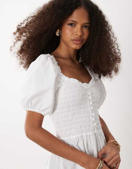 River Island puff sleeved shirred mini dress in white, 2 of 4