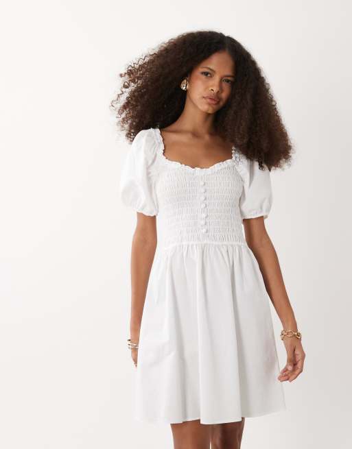River Island puff sleeved shirred mini dress in white, 3 of 4