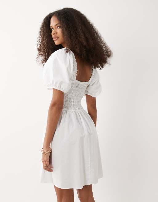 River Island puff sleeved shirred mini dress in white, 4 of 4