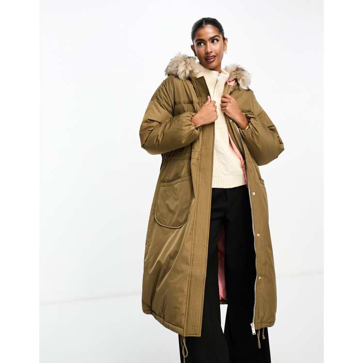 River Island puffer coat with faux fur collar in khaki ASOS