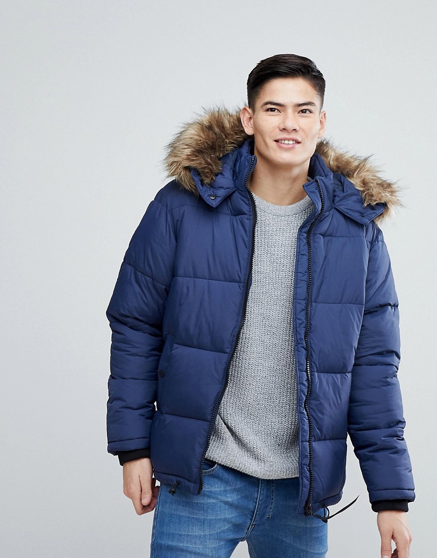 River Island Puffer Jacket With Faux Fur Hood In Blue-blues
