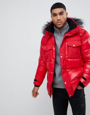 red puffer coats with fur hood