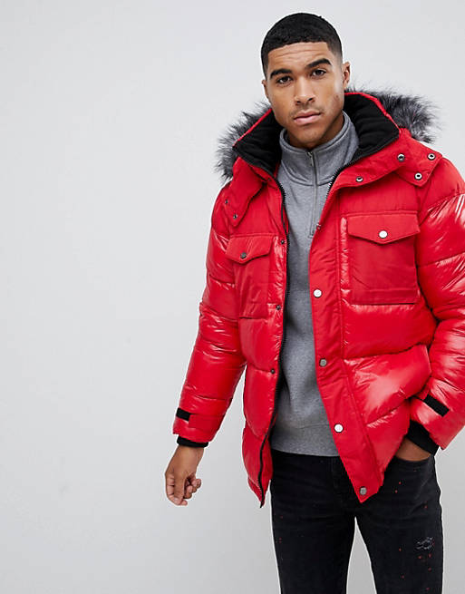 River Island puffer jacket with faux fur hood in red | ASOS