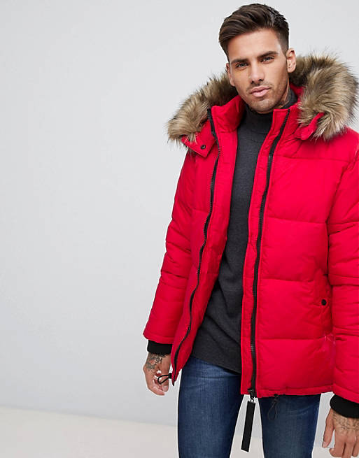 River Island Puffer Jacket With Faux Fur Hood In Red | ASOS
