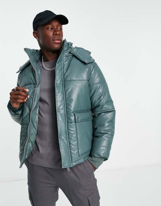 River Island – Pufferjacke aus Kunstleder in Blaugrün