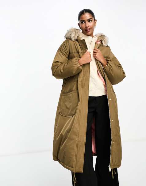 River Island – Puffermantel in Khaki mit Kunstpelzkragen - view 1