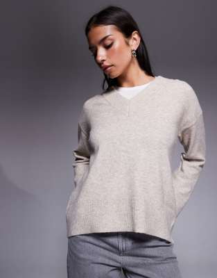Pull en maille à col en V - Beige-Neutre L