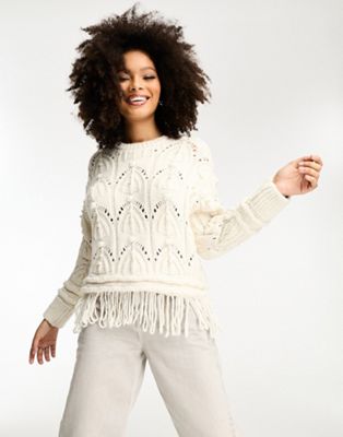 River Island cable knit jumper with pearl embellishment in cream - ASOS Price Checker