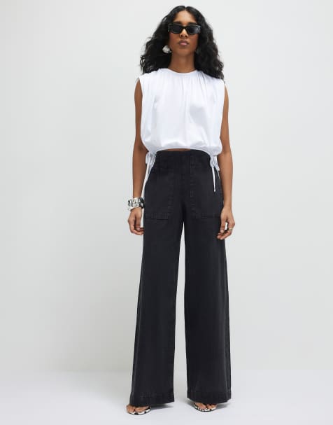 River Island Pull on elasticated wide leg jeans in black - view 1