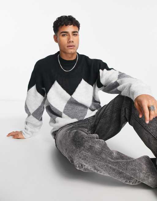 River Island - Pull ras de cou à motif losanges - Noir