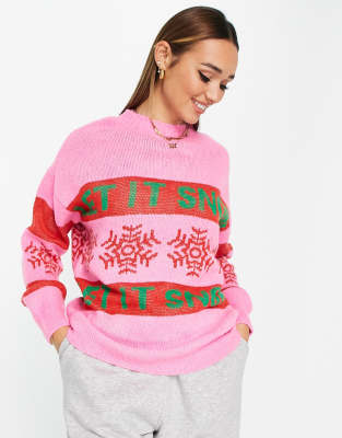 River Island - Pullover in leuchtendem Rosa mit „Let it Snow"-Schriftzug