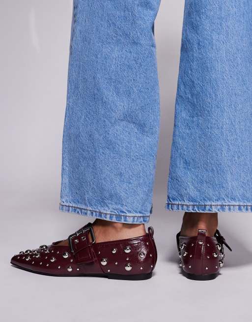 River Island - Puntige Mary Jane ballerina's met studs in bordeauxrood, 2 van 4