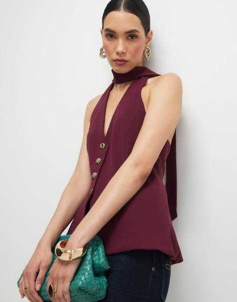 River Island Purple sleeveless scarf neck waistcoat in burgundy - view 1