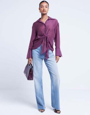 Shop River Island Purple twist front button up shirt in red dark Online – Trendy & Affordable Fashion